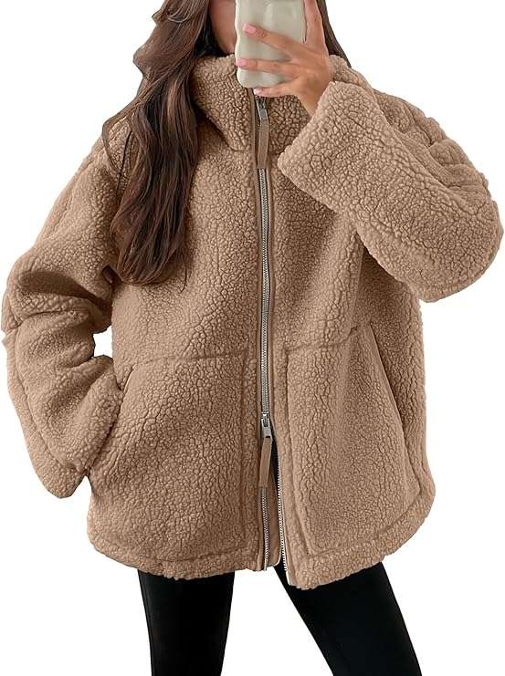 Oversized fleece zip‑up jacket